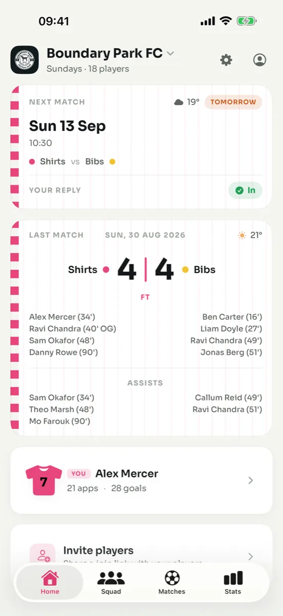Home screen: next match on Sunday with your reply marked In, and last match's 4–4 result with scorers and assists
