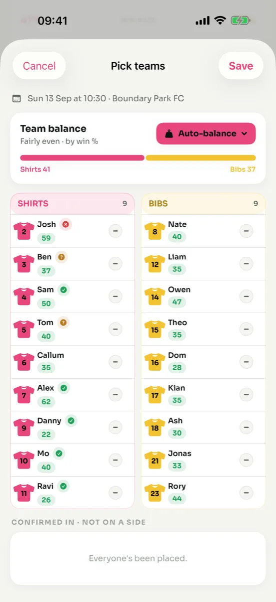 Pick Teams screen splitting the confirmed players into two balanced sides
