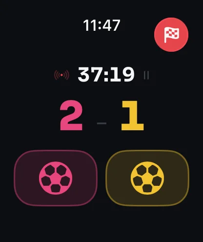 Apple Watch live scoring with the running clock and the score